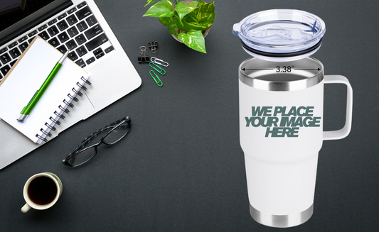 20oz Insulated Tumbler – Handle, Lid & Car Holder Friendly... Vaso térmico de 20 oz. Asa, tapa y soporte para automóvil.